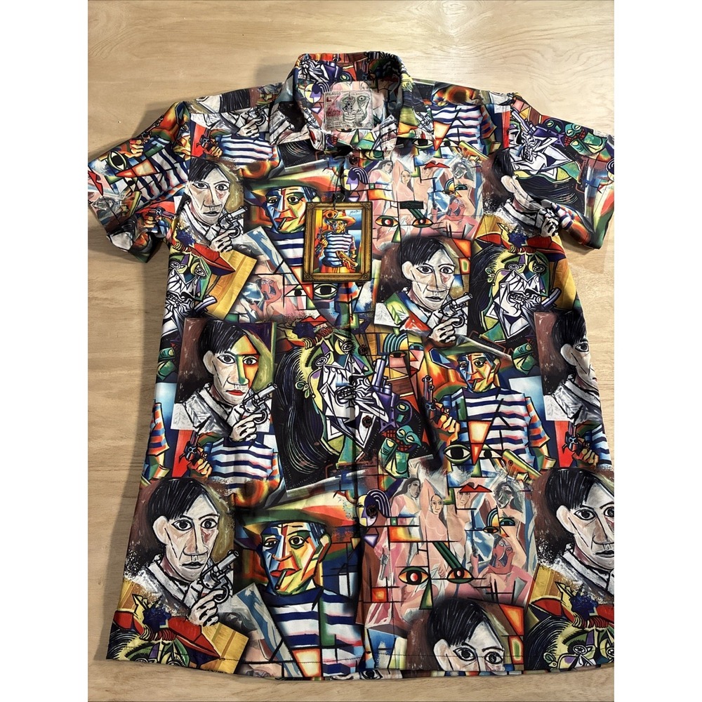 Retro Rifle Picasso Shirt Mens Large Multicolor Art Graphic Button Up Stretch
